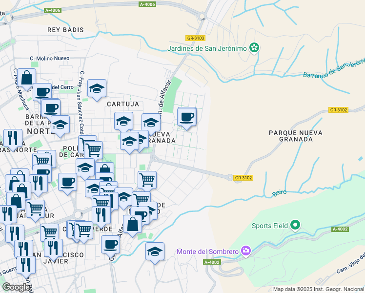 map of restaurants, bars, coffee shops, grocery stores, and more near 10 Calle Matilde de La Torre in Granada