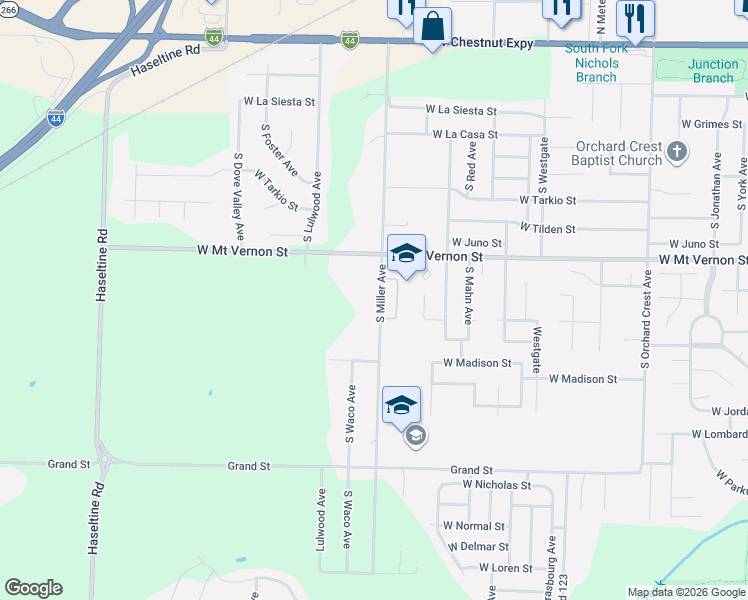 map of restaurants, bars, coffee shops, grocery stores, and more near 719 South Miller Avenue in Springfield