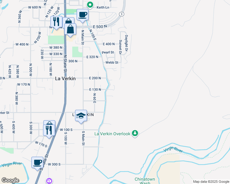 map of restaurants, bars, coffee shops, grocery stores, and more near 170 East 130 North in La Verkin