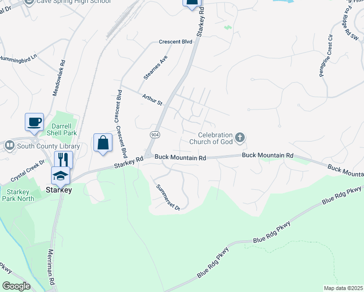 map of restaurants, bars, coffee shops, grocery stores, and more near 4620 Buck Run Drive in Cave Spring