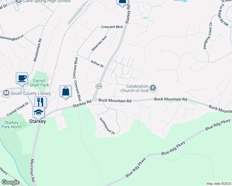 map of restaurants, bars, coffee shops, grocery stores, and more near 4620 Buck Run Drive in Cave Spring
