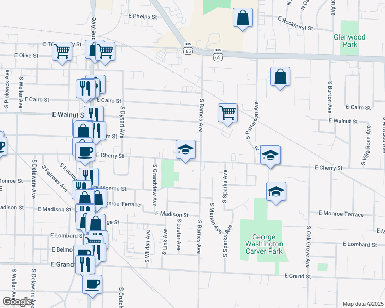 map of restaurants, bars, coffee shops, grocery stores, and more near 2126 East Cherry Street in Springfield