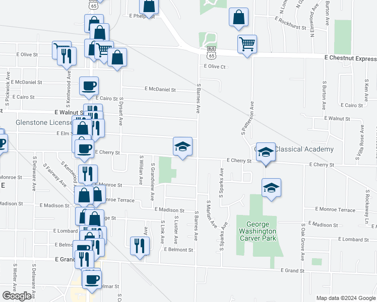 map of restaurants, bars, coffee shops, grocery stores, and more near 2126 East Cherry Street in Springfield