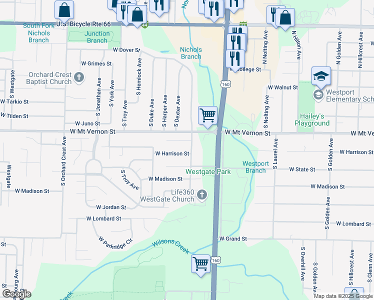 map of restaurants, bars, coffee shops, grocery stores, and more near 3637 West State Street in Springfield