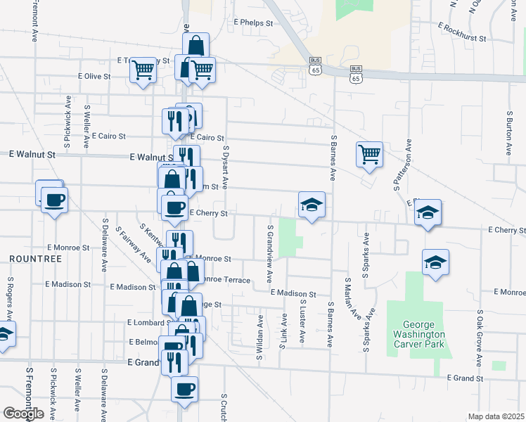 map of restaurants, bars, coffee shops, grocery stores, and more near 614 S Grandview Ave in Springfield