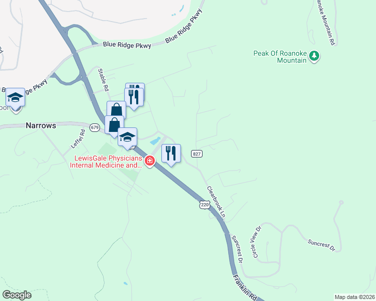 map of restaurants, bars, coffee shops, grocery stores, and more near 5294 Clearbrook Lane in Roanoke