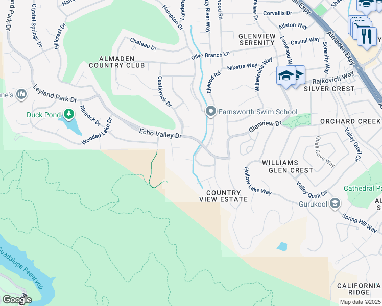 map of restaurants, bars, coffee shops, grocery stores, and more near 7111 Echo Loop in San Jose