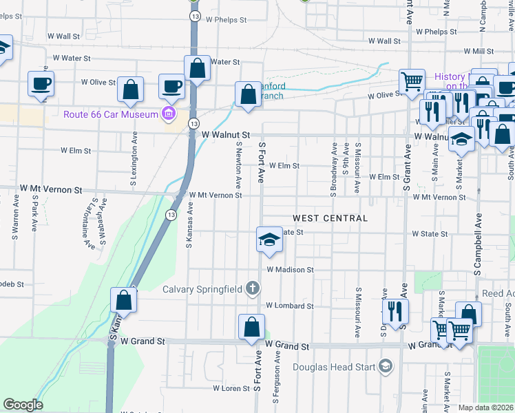 map of restaurants, bars, coffee shops, grocery stores, and more near 1216 West Harrison Street in Springfield