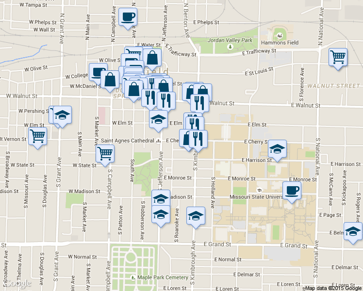map of restaurants, bars, coffee shops, grocery stores, and more near 507 East Cherry Street in Springfield