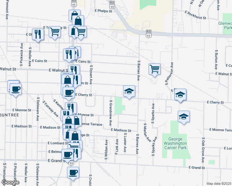 map of restaurants, bars, coffee shops, grocery stores, and more near 2028 East Elm Street in Springfield