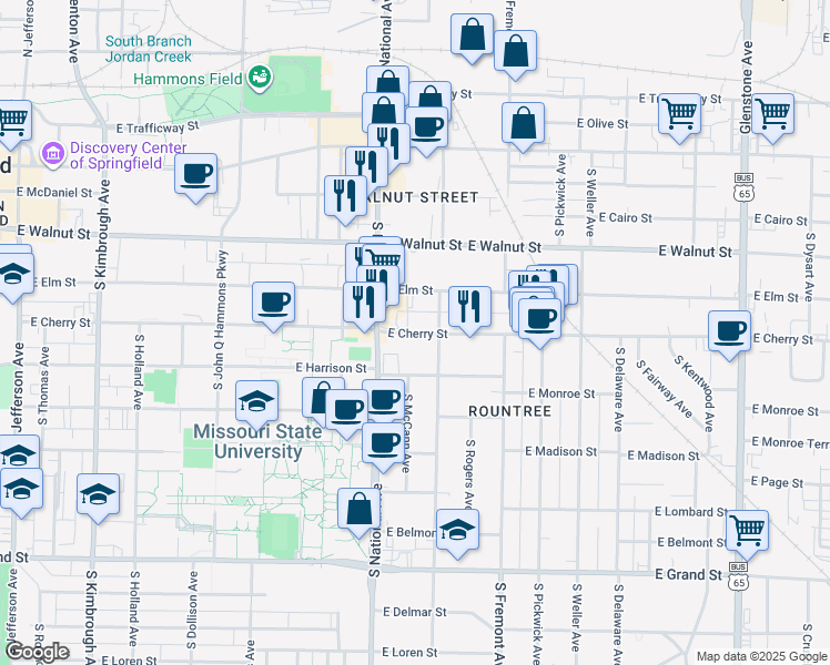 map of restaurants, bars, coffee shops, grocery stores, and more near 1244 East Elm Street in Springfield