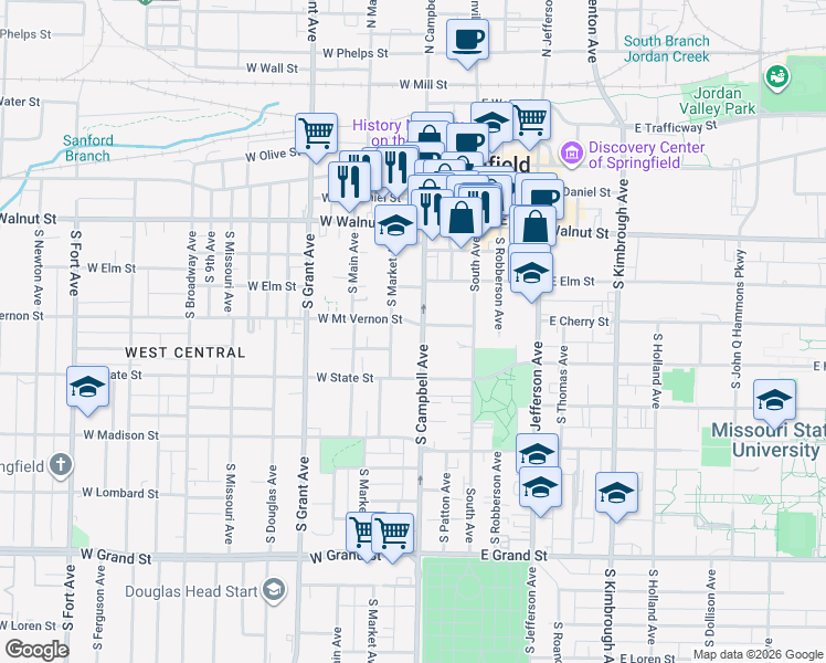 map of restaurants, bars, coffee shops, grocery stores, and more near in Springfield