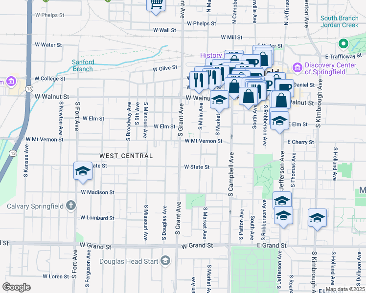 map of restaurants, bars, coffee shops, grocery stores, and more near 612 South Grant Avenue in Springfield