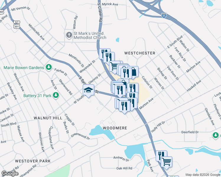 map of restaurants, bars, coffee shops, grocery stores, and more near 1908 Oakland Street in Petersburg
