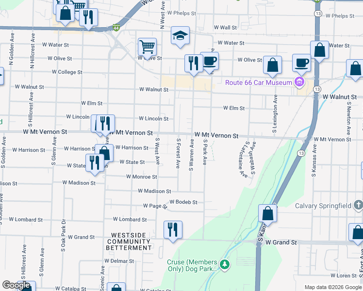 map of restaurants, bars, coffee shops, grocery stores, and more near 2318 West Mount Vernon Street in Springfield