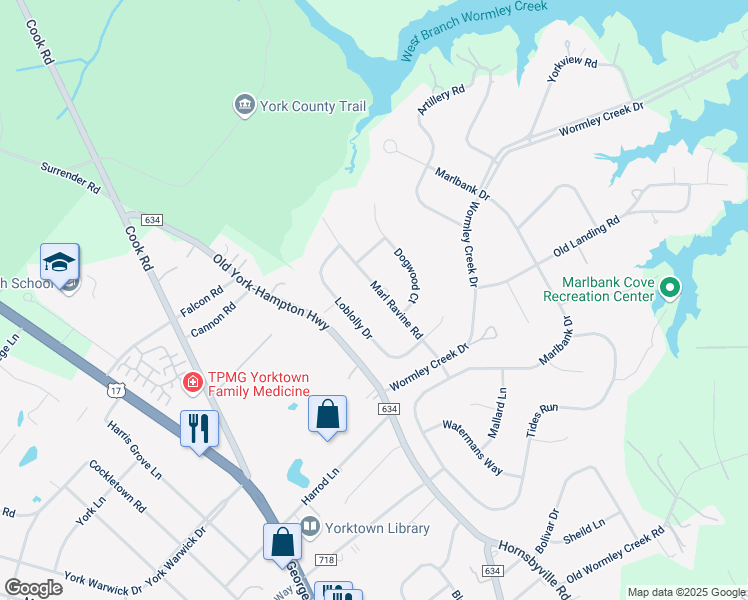 map of restaurants, bars, coffee shops, grocery stores, and more near 205 Marl Ravine Road in Yorktown