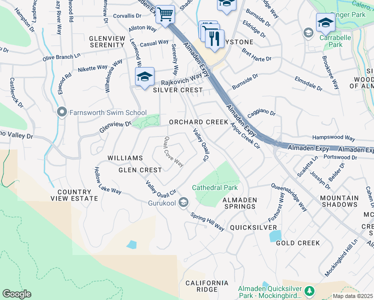 map of restaurants, bars, coffee shops, grocery stores, and more near 1195 Quail Creek Circle in San Jose