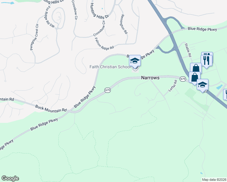 map of restaurants, bars, coffee shops, grocery stores, and more near 3780 Buck Mountain Road in Roanoke
