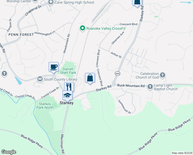 map of restaurants, bars, coffee shops, grocery stores, and more near 5720-5728 Crescent Blvd in Cave Spring