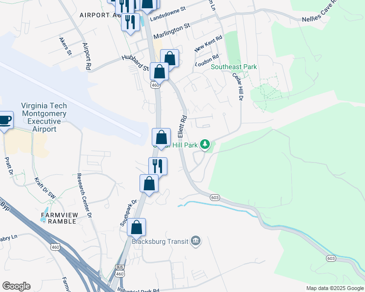 map of restaurants, bars, coffee shops, grocery stores, and more near 500 Ellett Road in Blacksburg