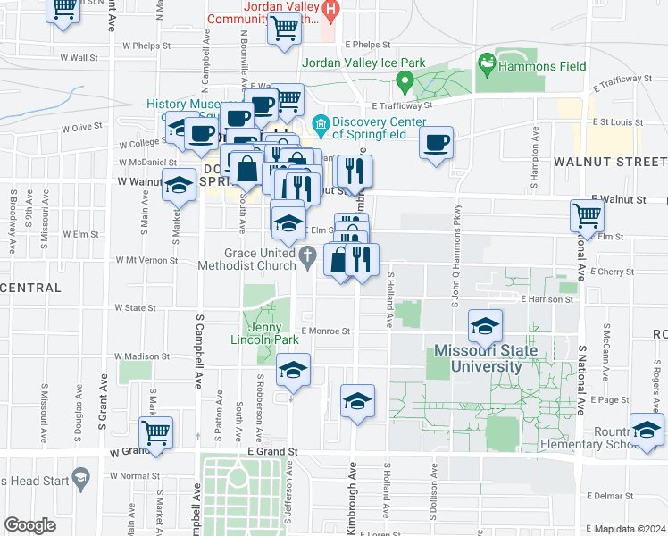 map of restaurants, bars, coffee shops, grocery stores, and more near 507 East Cherry Street in Springfield