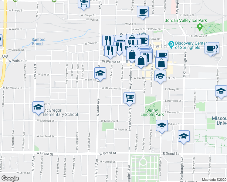 map of restaurants, bars, coffee shops, grocery stores, and more near 603 West Mount Vernon Street in Springfield