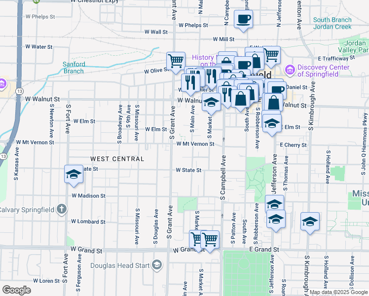 map of restaurants, bars, coffee shops, grocery stores, and more near in Springfield