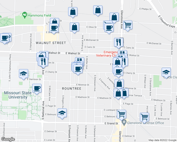 map of restaurants, bars, coffee shops, grocery stores, and more near 538 South Weller Avenue in Springfield