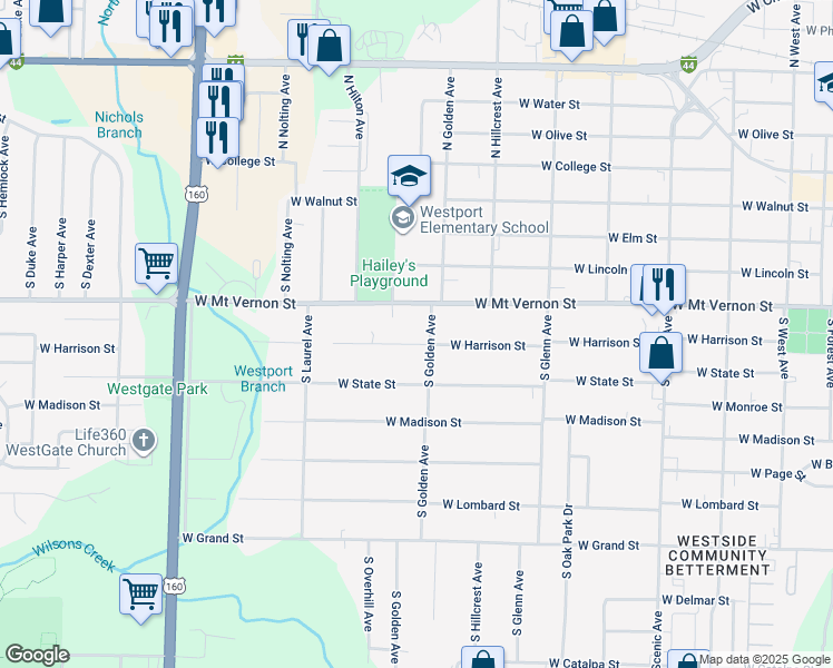 map of restaurants, bars, coffee shops, grocery stores, and more near 3128 West Mount Vernon Street in Springfield