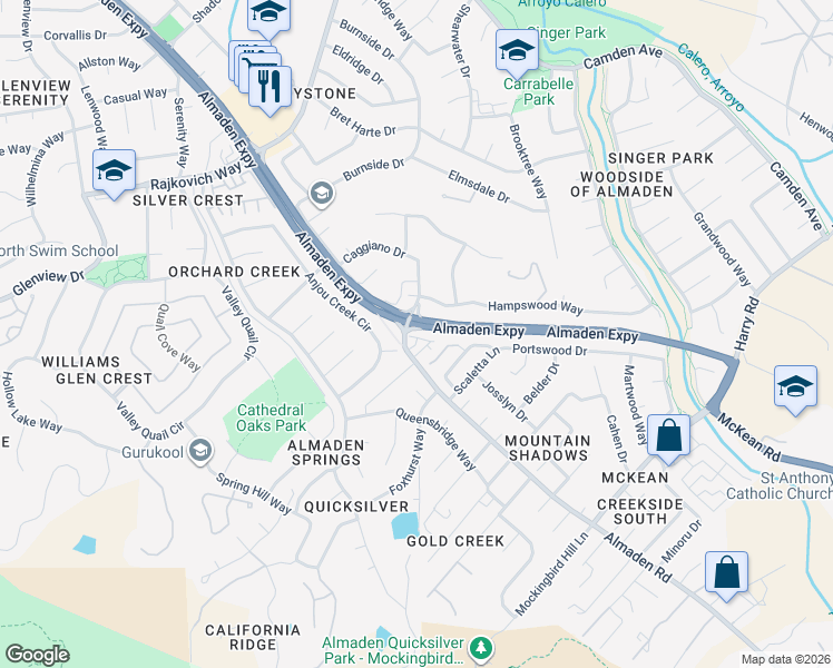 map of restaurants, bars, coffee shops, grocery stores, and more near 7137 Almaden Place in San Jose