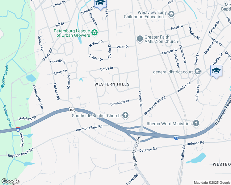 map of restaurants, bars, coffee shops, grocery stores, and more near 1716 Halcun Drive in Petersburg