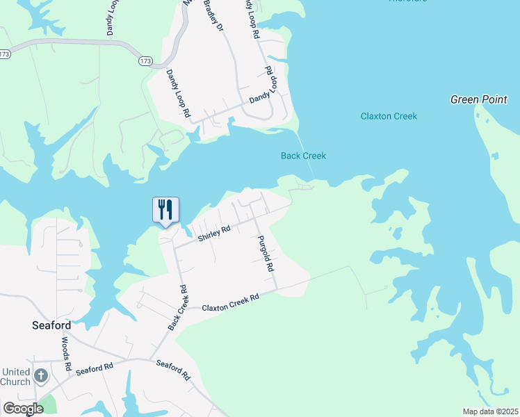 map of restaurants, bars, coffee shops, grocery stores, and more near 405 Shirley Road in Seaford