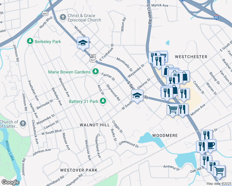 map of restaurants, bars, coffee shops, grocery stores, and more near 1839 Sherwood Road in Petersburg