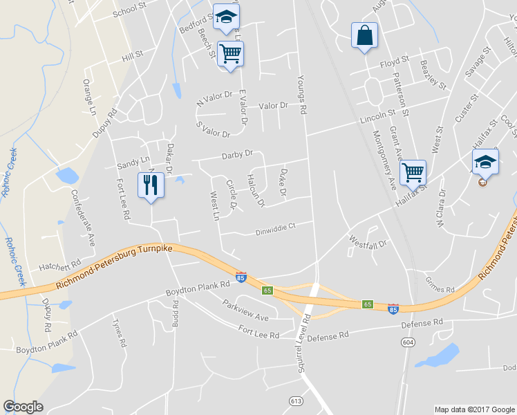 map of restaurants, bars, coffee shops, grocery stores, and more near 1716 Halcun Drive in Petersburg