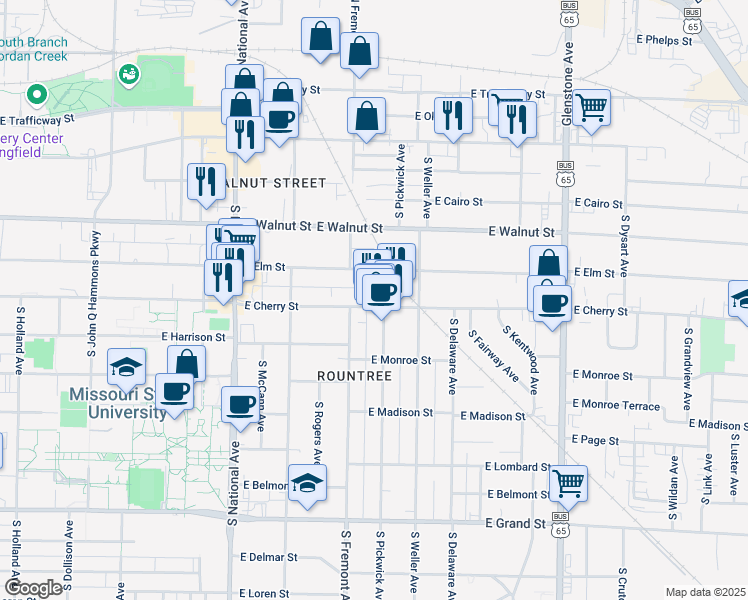 map of restaurants, bars, coffee shops, grocery stores, and more near 1427 East Cherry Street in Springfield
