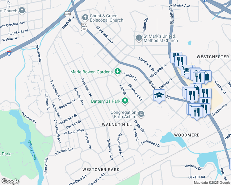 map of restaurants, bars, coffee shops, grocery stores, and more near 327 Weyanoke Street in Petersburg