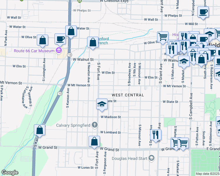 map of restaurants, bars, coffee shops, grocery stores, and more near 1105 West Mount Vernon Street in Springfield