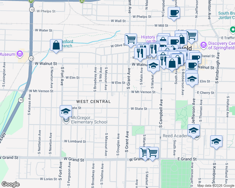 map of restaurants, bars, coffee shops, grocery stores, and more near 727 West Mount Vernon Street in Springfield