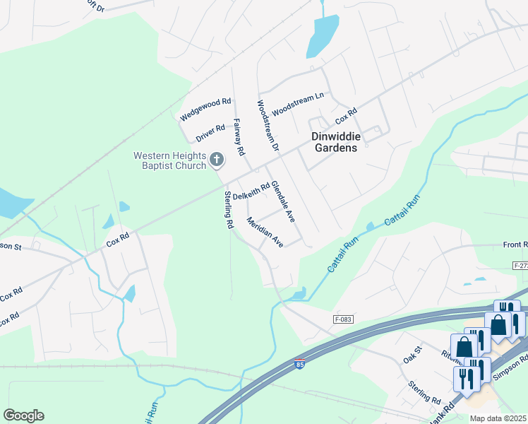 map of restaurants, bars, coffee shops, grocery stores, and more near 24608 Callear Road in Petersburg