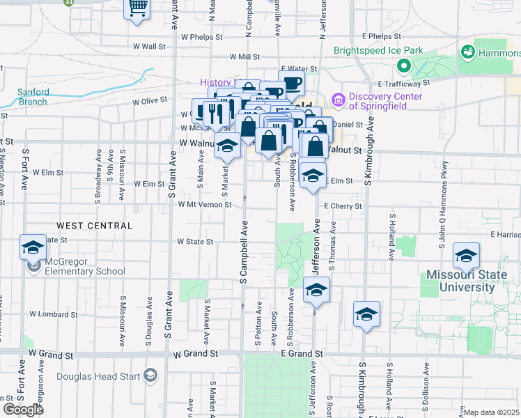 map of restaurants, bars, coffee shops, grocery stores, and more near 301 West Mount Vernon Street in Springfield