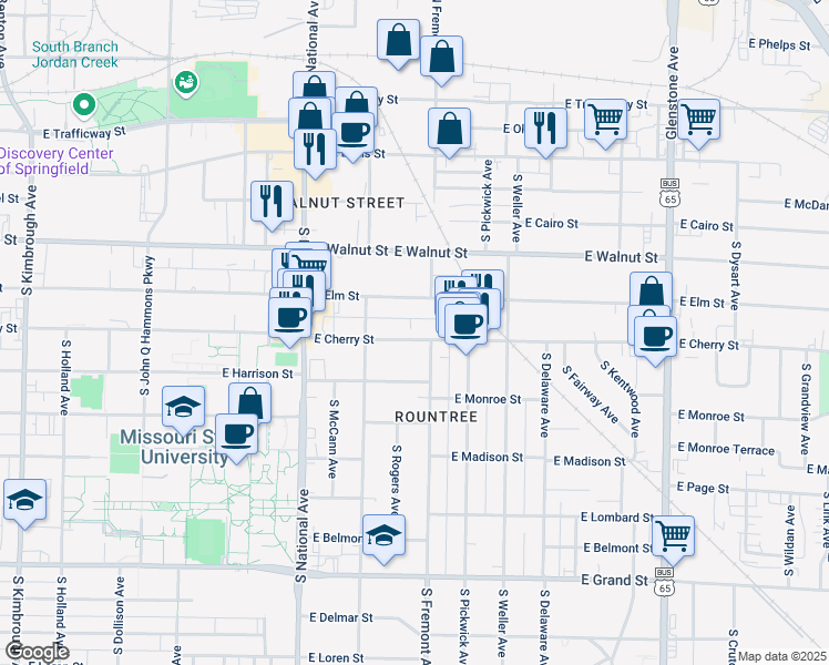 map of restaurants, bars, coffee shops, grocery stores, and more near 1351 East Cherry Street in Springfield