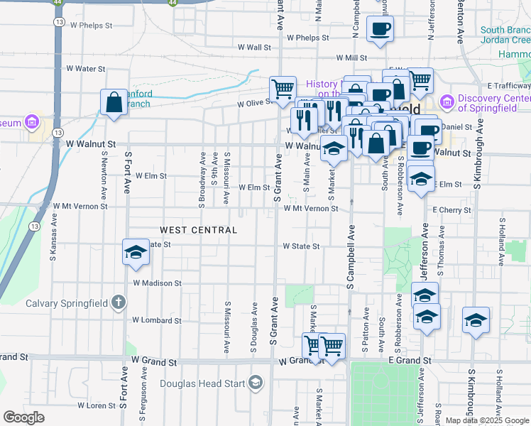 map of restaurants, bars, coffee shops, grocery stores, and more near 716 West Mount Vernon Street in Springfield