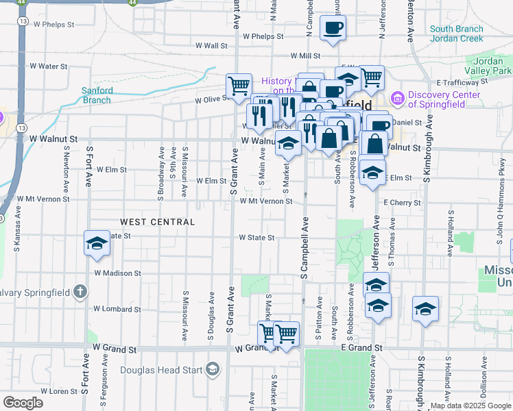 map of restaurants, bars, coffee shops, grocery stores, and more near 603 West Mount Vernon Street in Springfield