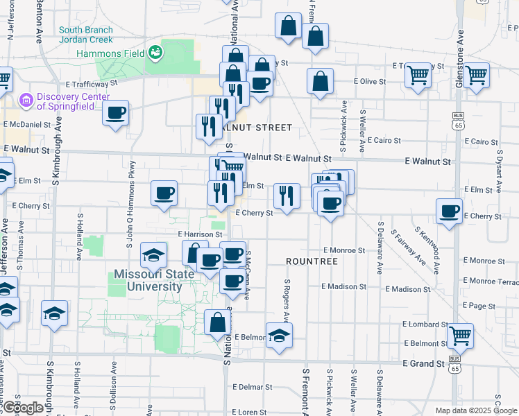 map of restaurants, bars, coffee shops, grocery stores, and more near 1244 East Elm Street in Springfield