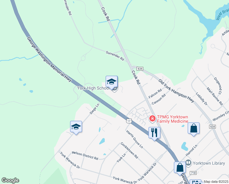 map of restaurants, bars, coffee shops, grocery stores, and more near 9300 George Washington Memorial Highway in Yorktown