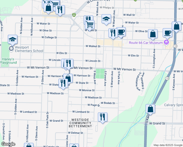 map of restaurants, bars, coffee shops, grocery stores, and more near 2516 West Mount Vernon Street in Springfield
