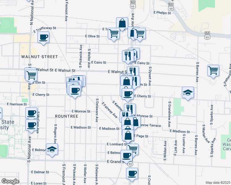 map of restaurants, bars, coffee shops, grocery stores, and more near 1718 East Elm Street in Springfield