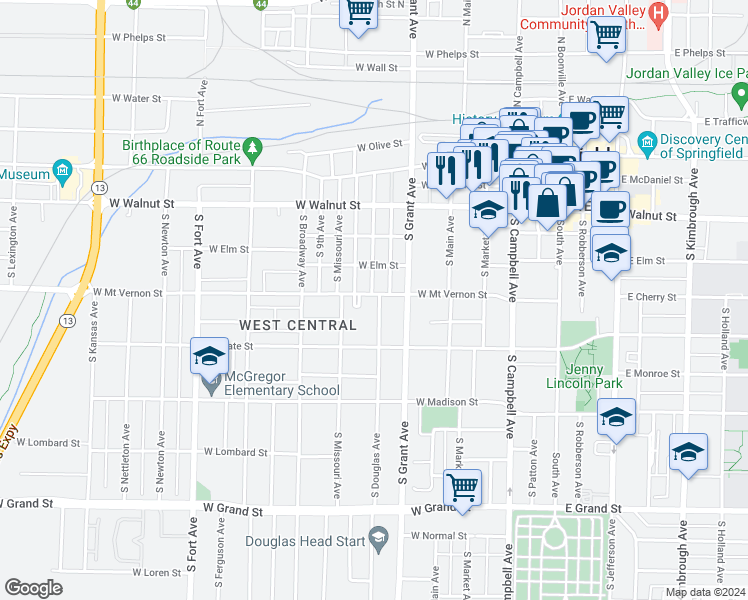 map of restaurants, bars, coffee shops, grocery stores, and more near 802 West Mount Vernon Street in Springfield