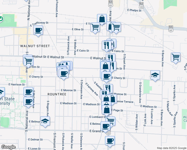 map of restaurants, bars, coffee shops, grocery stores, and more near 1718 East Elm Street in Springfield