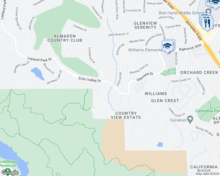map of restaurants, bars, coffee shops, grocery stores, and more near 7111 Echo Loop in San Jose